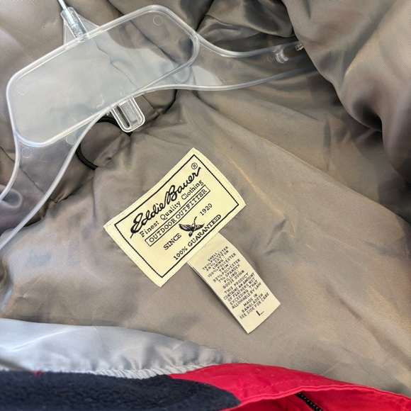 Vintage Eddie Bauer Red and Gray Goose Down Filled Hooded Puffer Jacket - Picture 3 of 5